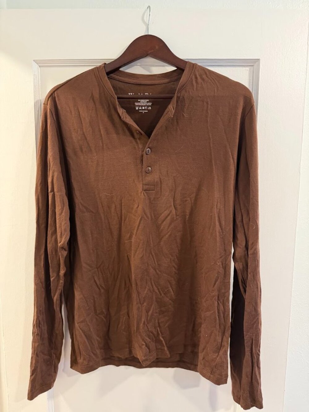 Wool & Prince Brown Merino Wool Long Sleeve Henley - Size M